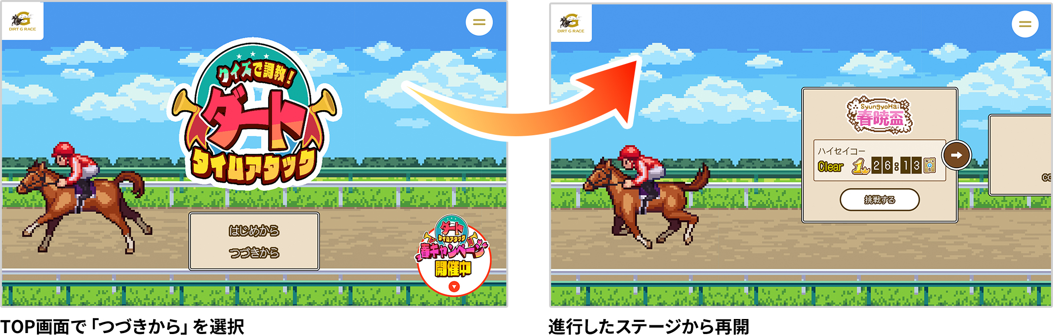 TOP画面で「つづきから」を選択→進行したステージから再開