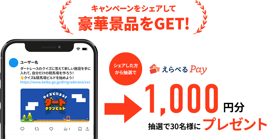 キャンペーンをシェアして豪華景品をGET! シェアした方から抽選で えらべるPay 1,000円分 抽選で30名様にプレゼント