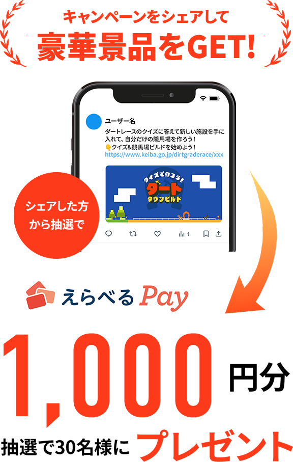 キャンペーンをシェアして豪華景品をGET! シェアした方から抽選で えらべるPay 1,000円分 抽選で30名様にプレゼント