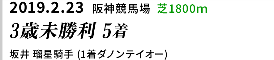 2019.2.23  阪神競馬場  芝1800ｍ　3歳未勝利 5着　坂井 瑠星騎手 (1着ダノンテイオー)