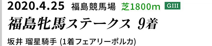 2020.4.25  福島競馬場  芝1800ｍ [GIII]　福島牝馬ステークス 9着　坂井 瑠星騎手 (1着フェアリーポルカ)