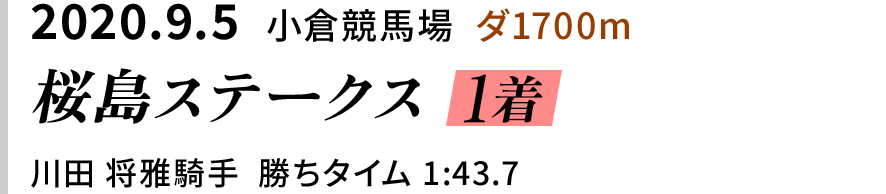 2020.9.5  小倉競馬場  ダ1700ｍ　桜島ステークス 1着　川田 将雅騎手  勝ちタイム 1:43.7