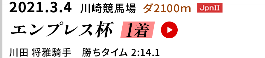 2021.3.4  川崎競馬場  ダ2100ｍ [JpnII]　エンプレス杯 1着　川田 将雅騎手　勝ちタイム 2:14.1