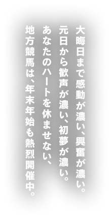 大晦日まで感動が濃い、興奮が濃い。元日から歓声が濃い、初夢が濃い。あなたのハートを休ませない、地方競馬は、年末年始も熱烈開催中。