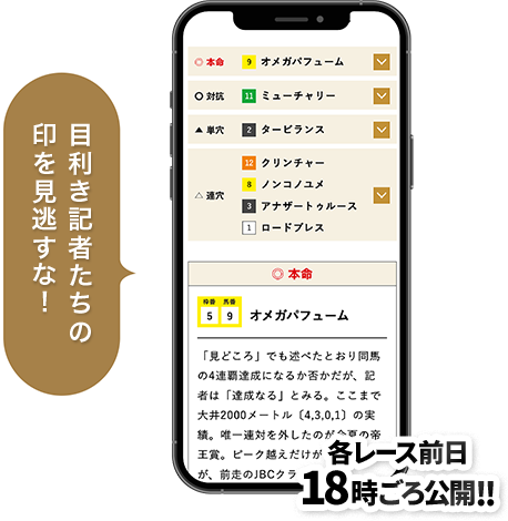 目利き記者たちの印を見逃すな！ 各レース前日18時ごろ公開!!