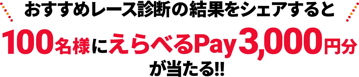 おすすめレース診断の結果をシェアすると100名様にえらべるPay3,000円分が当たる‼